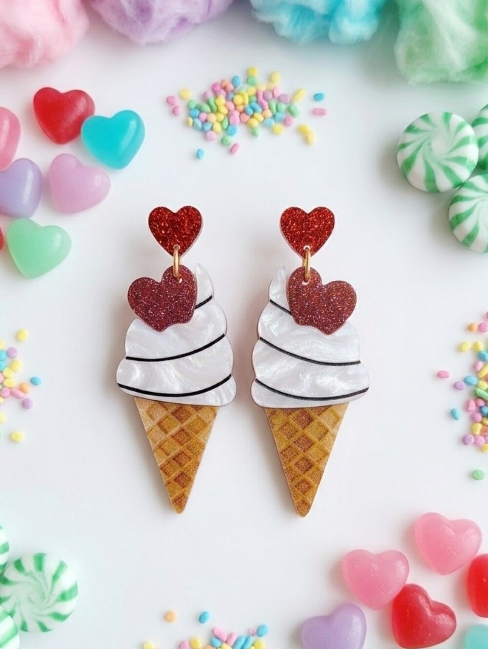 Ice Cream Cone Dangle Earrings Red Glitter Heart Acrylic Kawaii Summer Y2K 2.4in - Picture 16 of 16